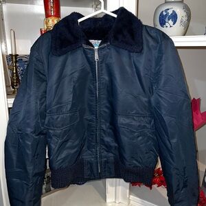 Vintage William Barry Navy Blue Bomber Jacket with Faux Fur Collar- ladies M